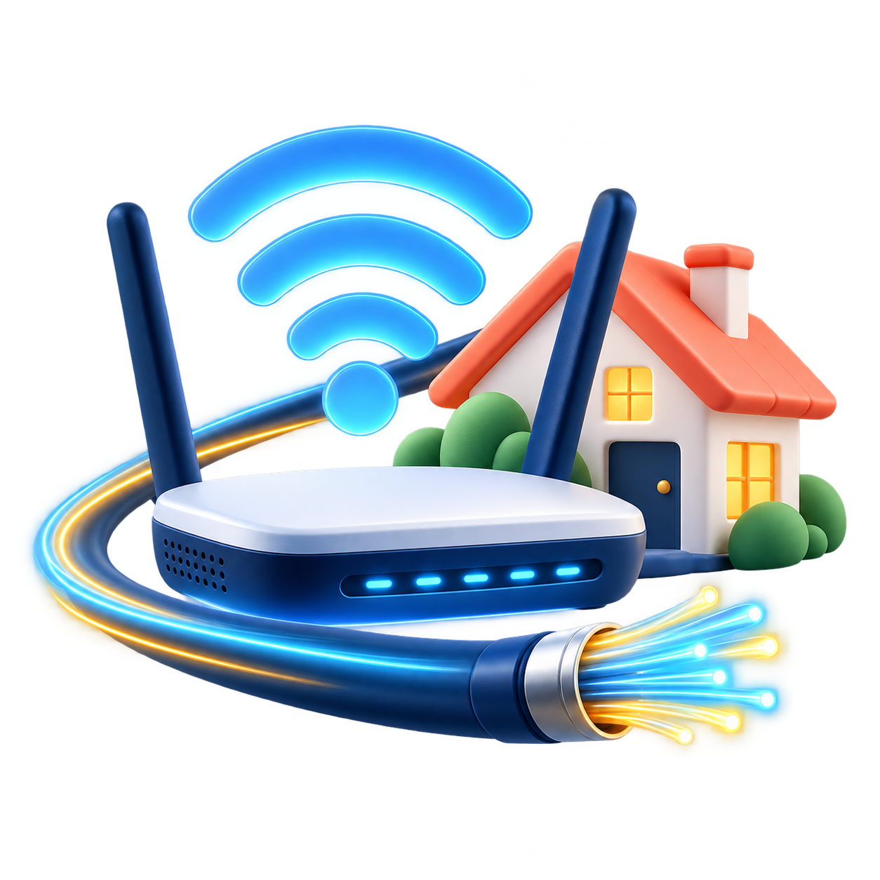 Router mit Haus und Glasfaserverbindung